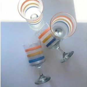 Lot of 4 Vintage Pink Blue Yellow Pastel Striped Goblets Wine Glasses